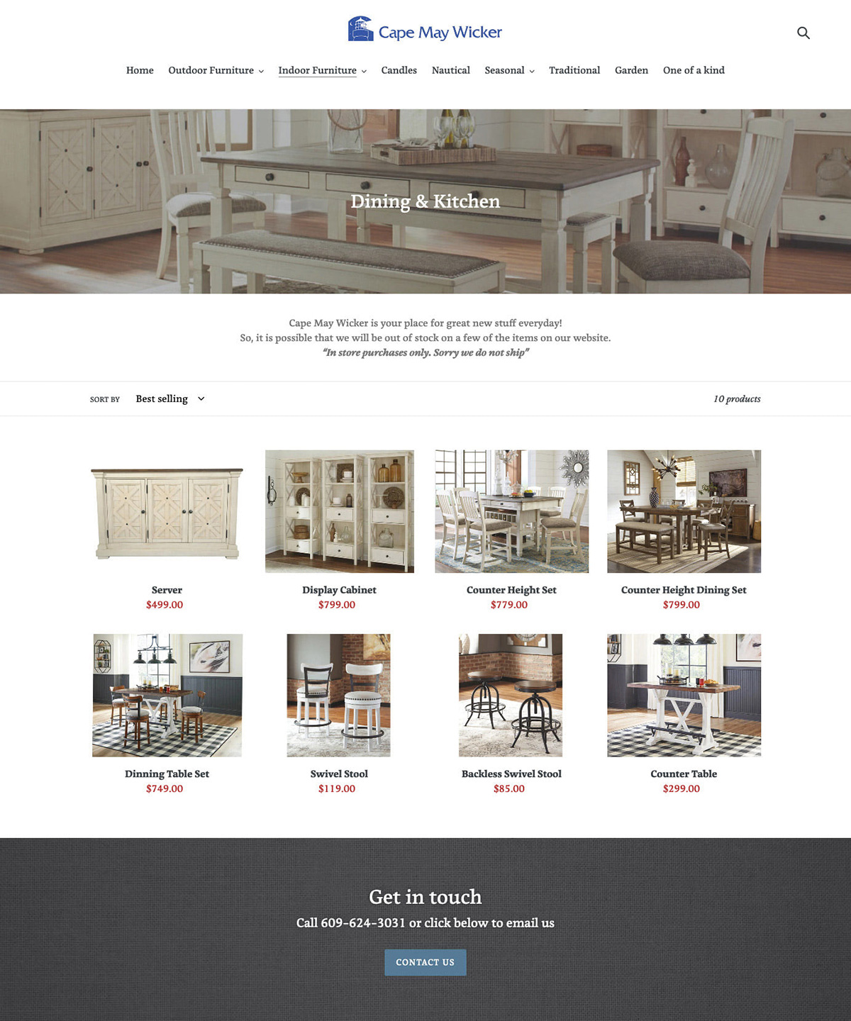 Full page preview of Cape Mayy wicker products page