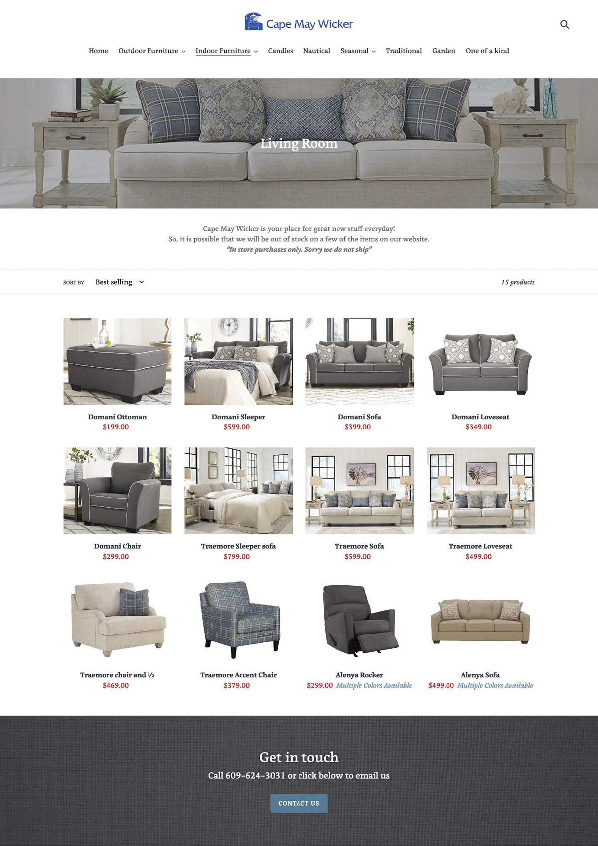 Full page preview of Cape Mayy wicker products page