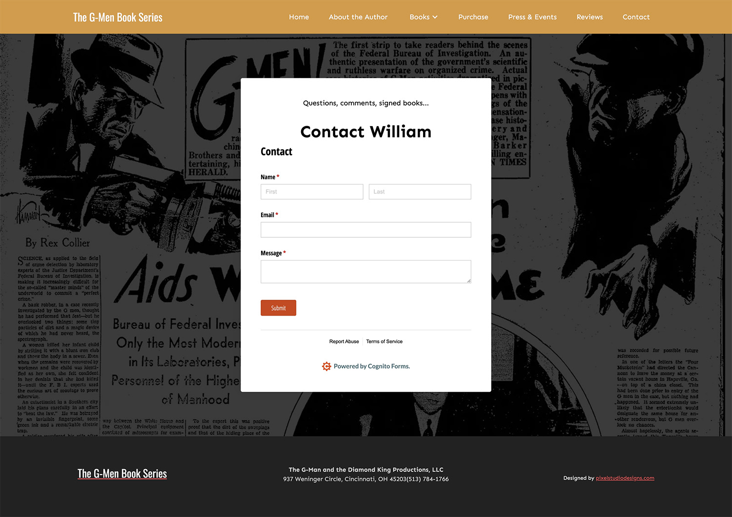 Full page preview of G-Men Book Series contact page