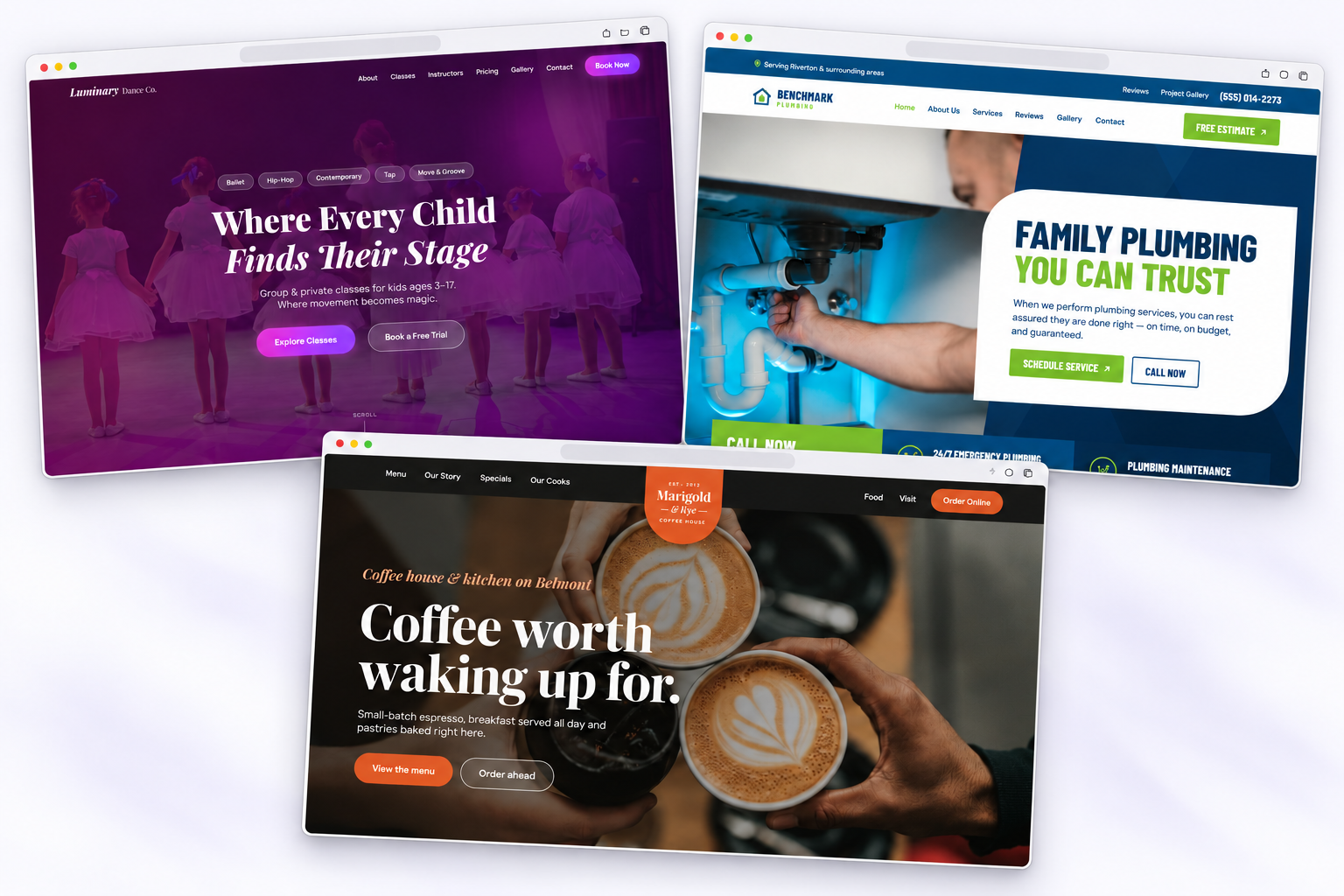 Pixel Studio Templates dance studio, plumbing, and café website designs displayed on a cool white background.