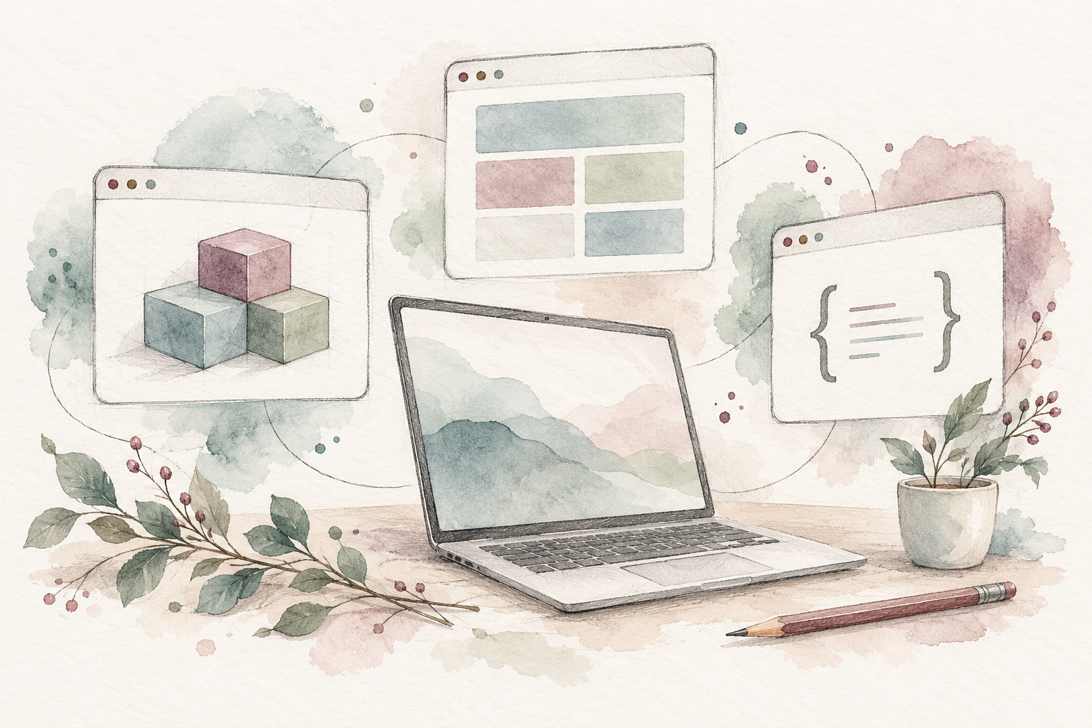 Watercolor laptop surrounded by sketched website layouts, modular blocks, and custom-code symbols.