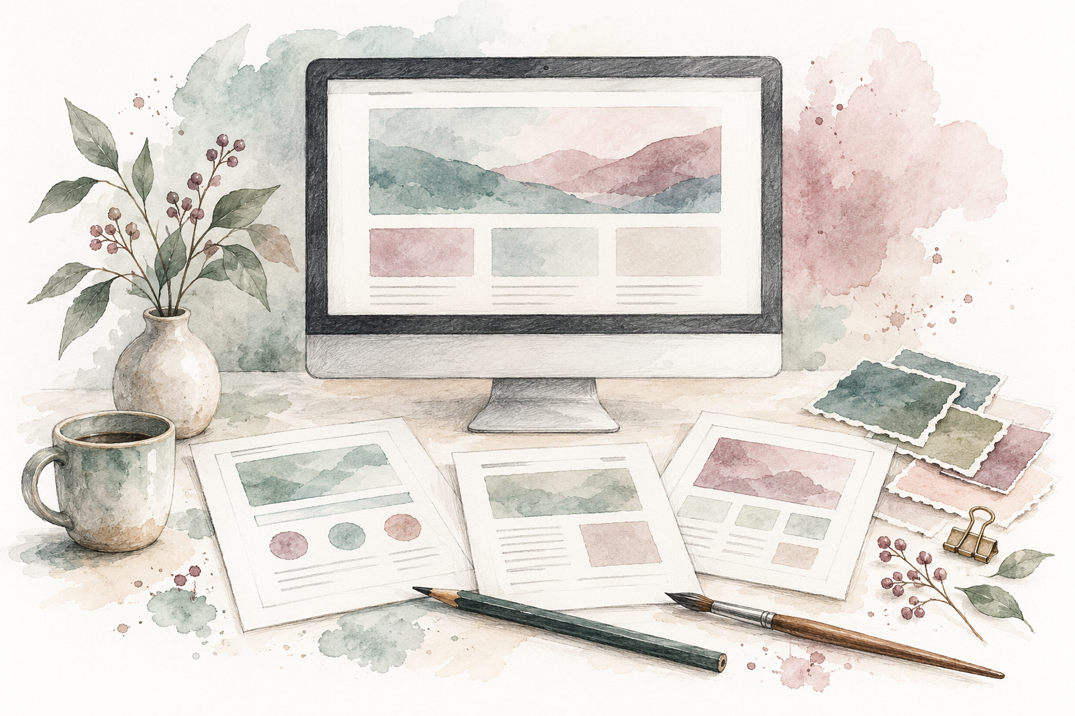 Watercolor illustration of a website design on a desktop monitor with sketches, brushes, and muted color swatches.